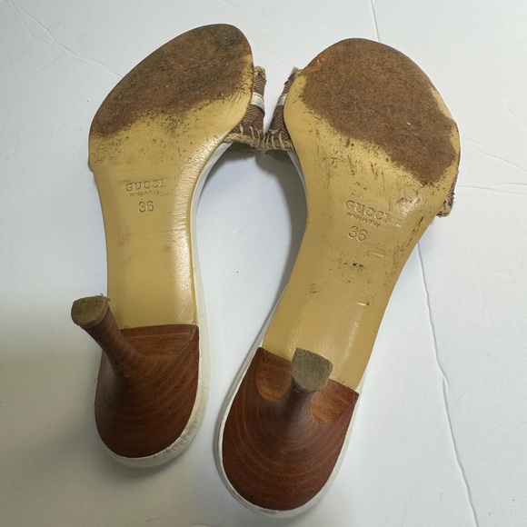 Gucci GG Horsebit Leather Canvas Open Toe Mules Slides Sandals Heels Neutral 36 - Picture 8 of 15